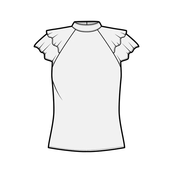 Blusa técnica ilustración de moda con cuello alto escote con bandas, volantes de aleteo mangas cortas, cuerpo suelto . — Vector de stock