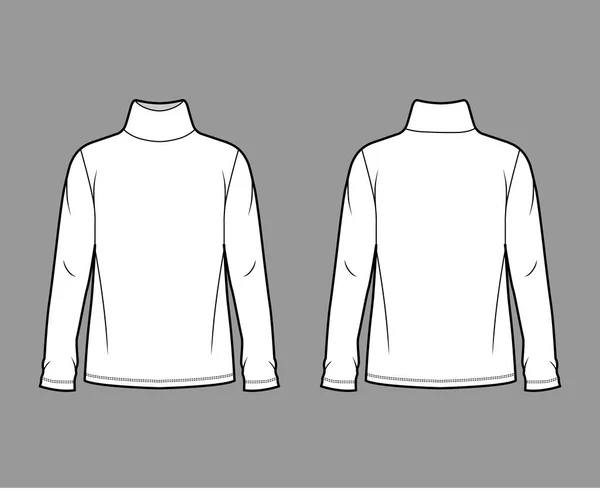 Bomull jersey topp teknisk mode illustration med polotröja, tunika längd överdimensionerad kropp långa ärmar platt. — Stock vektor
