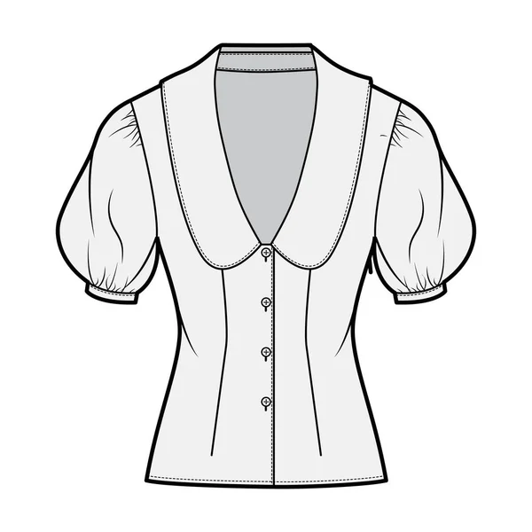 Blusa técnica de moda ilustração com colarinho enquadrando o decote V mergulho, grandes mangas médias inchadas, equipados —  Vetores de Stock
