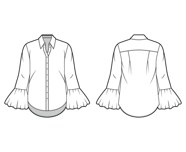 Ilustración de moda técnica de camisa clásica con cuello afilado, puños estriados voluminosos, mangas largas, de gran tamaño — Archivo Imágenes Vectoriales