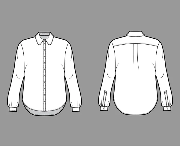 Klassisk skjorta teknisk mode illustration med knapp ner främre öppning, rund krage, långa ärmar, oversized — Stock vektor