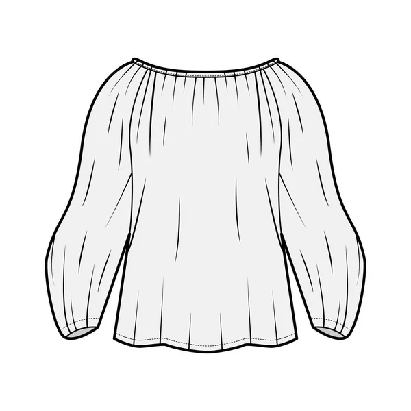 Off-the-rameno cikánská halenka technické módní ilustrace s nadměrně velké tvarované objemové rukávy a tělo. — Stockový vektor