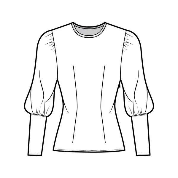 Blouse technische mode illustratie met ronde hals, gezwollen schapenvacht mouwen, gemonteerd lichaam, ritssluiting aan de zijkant. — Stockvector