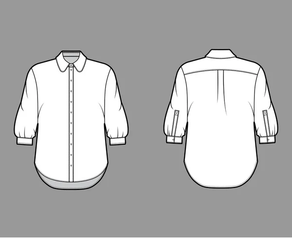 Ilustración de moda técnica camisa clásica con botón abajo abertura frontal, cuello redondo, mangas de codo, de gran tamaño — Vector de stock