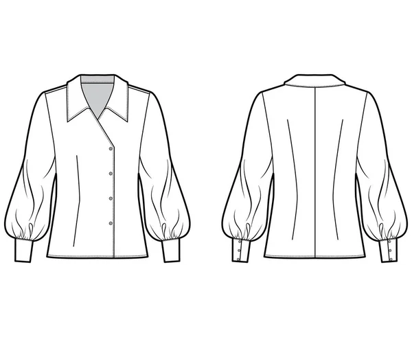 Blusa técnica de moda ilustración con cuello de gran tamaño, cuerpo, manga larga del obispo, doble pecho . — Vector de stock