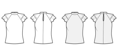 Bluz, yaka bantlı yakalı, fırfırlı kısa kollu, gevşek vücutlu, teknik çizimler.. 