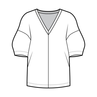 Bluz, V yakalı, omuzları düşmüş, kolları kesilmiş, silueti gevşek.