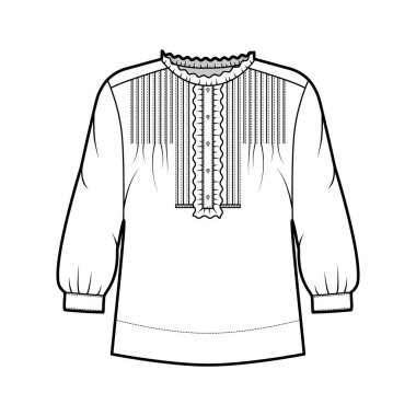 Büyük bedenli tişört teknik tasviri, ön tarafa gizlenmiş düğmeler, hassas fırfırlar.