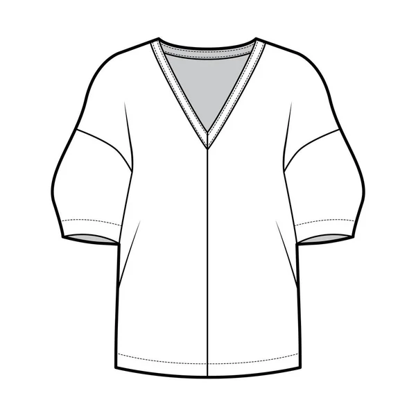 Блузка технічна ілюстрація моди з глибокою V шиєю, впали плечі і бічні розрізи ліктя рукава, вільний силует — стоковий вектор