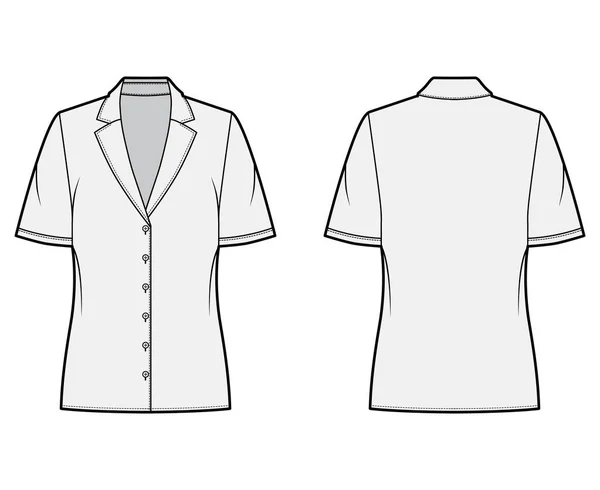 Pyjama-Bluse technische Mode Illustration mit Retro-Lagerkragen, kurze Ärmel, locker sitzender Körper. — Stockvektor