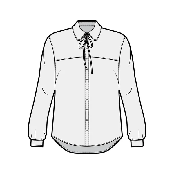 Ilustración técnica de la moda de la camisa con el cuerpo sobredimensionado, sujeciones ocultas del botón a lo largo del frente, volantes delicados — Archivo Imágenes Vectoriales