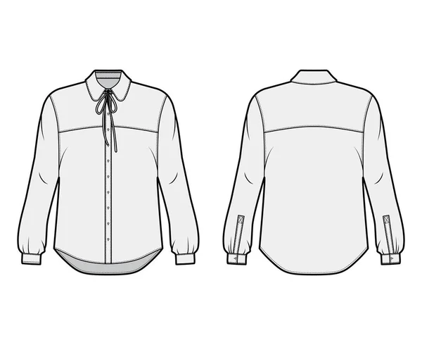 Ilustracja moda techniczna koszuli z nadwymiarowym nadwoziem, ukryte zapięcia na guziki wzdłuż przodu, delikatne falbanki — Wektor stockowy