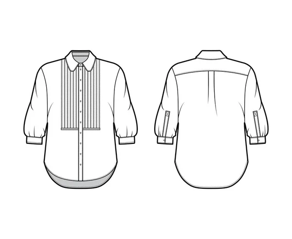 Camisa técnica de moda ilustración con botón babero abajo abertura delantera, cuello redondo, mangas de codo con manguito de gran tamaño — Vector de stock