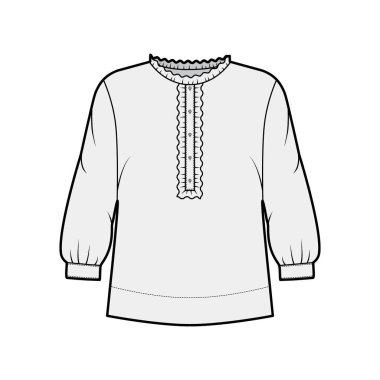 Büyük bedenli tişört teknik tasviri, ön tarafa gizlenmiş düğmeler, hassas fırfırlar.