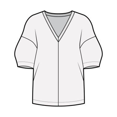 Bluz, V yakalı, omuzları düşmüş, kolları kesilmiş, silueti gevşek.