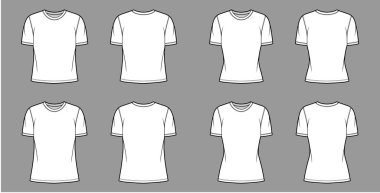 Tayfa yakalı, uzun ve normal vücutlu, kısa kollu, uzun kollu ve geniş tişörtlü teknik tasvirler.