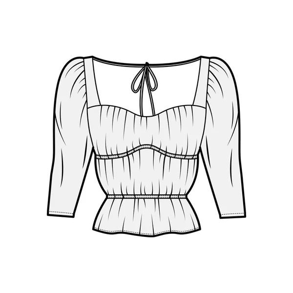 Ilustración técnica de la moda de la camisa con el cuerpo sobredimensionado, sujeciones ocultas del botón a lo largo del frente, volantes delicados — Archivo Imágenes Vectoriales