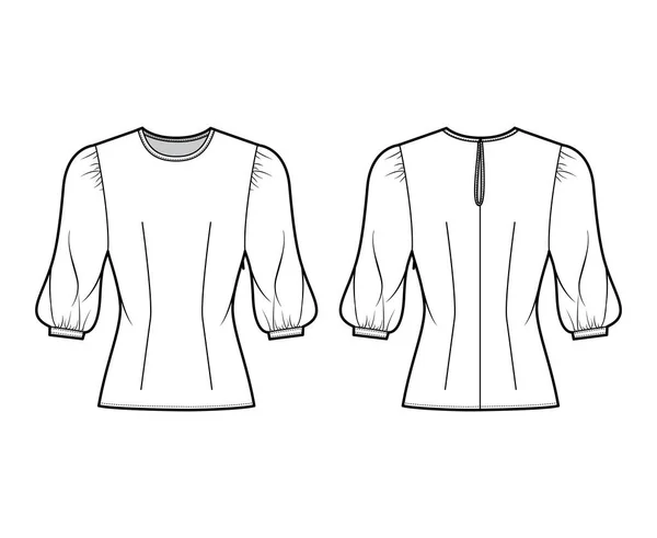 Blusa ilustración técnica de moda con escote redondo, mangas de cordero hinchadas, cuerpo ajustado, cierre lateral de cremallera . — Vector de stock