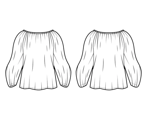 Skjorta teknisk mode illustration med överdimensionerad kropp, dolda knappfästen längs framsidan, delikata volanger — Stock vektor