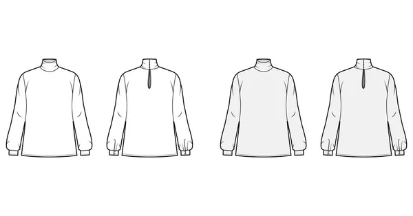 Blusa gola alta ilustração de moda técnica com mangas compridas e manguito, oversized, botão de fixação fechadura na parte de trás —  Vetores de Stock