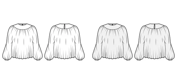 Blusa técnica de ilustración de moda con mangas de declaración, ajuste flotante suelto, cierre de botón en la cerradura posterior — Vector de stock