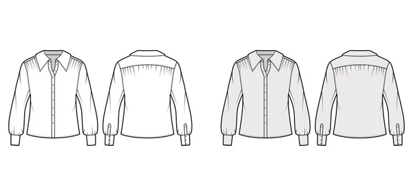 Ilustración técnica de la moda de la camisa con el cuerpo sobredimensionado, sujeciones ocultas del botón a lo largo del frente, volantes delicados — Vector de stock