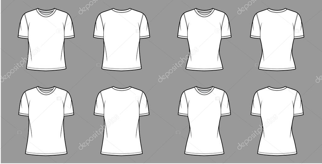 T-shirt technical fashion illustration set with crew neck, fitted and oversized long and regular body, short sleeves