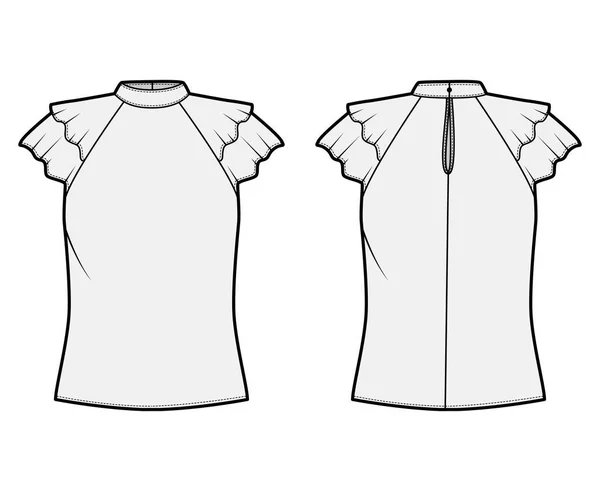 Blusa técnica ilustración de moda con cuello alto escote con bandas, volantes de aleteo mangas cortas, cuerpo suelto . — Archivo Imágenes Vectoriales