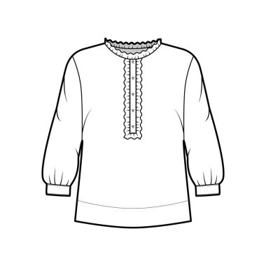 Büyük bedenli tişört teknik tasviri, ön tarafa gizlenmiş düğmeler, hassas fırfırlar.