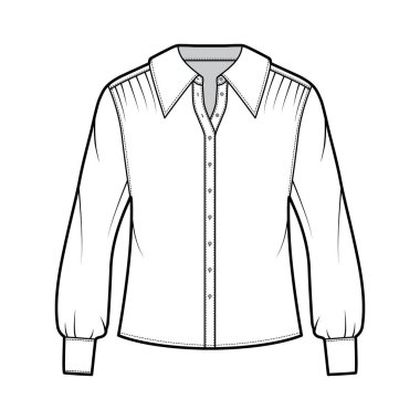 Büyük bedenli tişört teknik tasviri, ön tarafa gizlenmiş düğmeler, hassas fırfırlar.