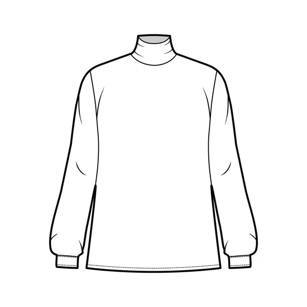 Turtleneck blouse technische mode illustratie met lange mouwen en manchetten, oversized, knoopssluiting sleutelgat aan de achterkant — Stockvector