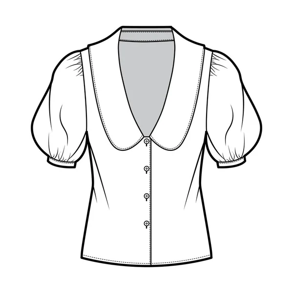 Blouse technical fashion illustration with collar framing the plunging V neck oversized medium puffed sleeves and body. — Stock Vector