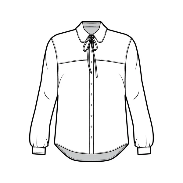 Ilustración técnica de la moda de la camisa con el cuerpo sobredimensionado, sujeciones ocultas del botón a lo largo del frente, volantes delicados — Archivo Imágenes Vectoriales