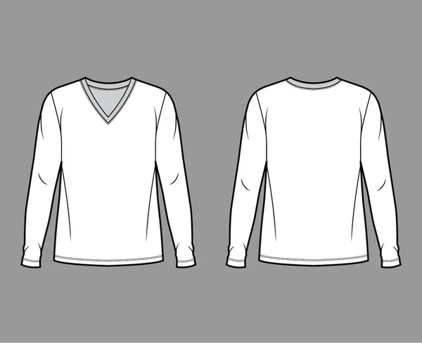 Jersey de algodón superior ilustración técnica de moda con cuello en V, longitud de la túnica cuerpo de gran tamaño mangas largas plana . — Vector de stock