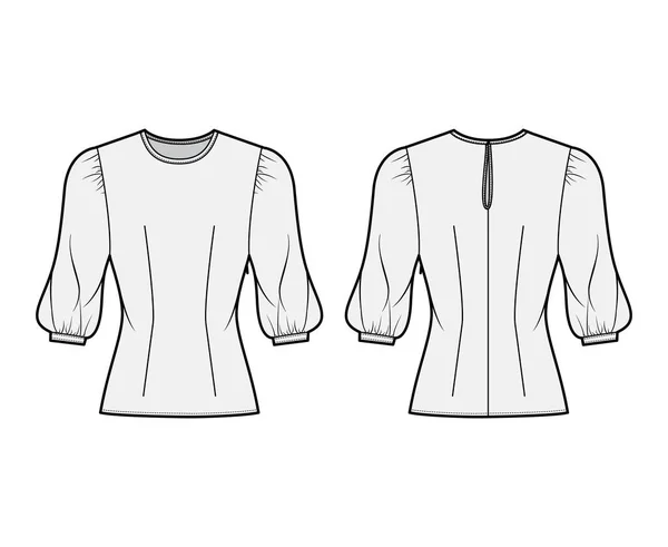 Блузка техническая мода иллюстрация с круглым вырезом, пухлые баранины рукава, оснащенный корпус, боковой застежка молнии. — стоковый вектор
