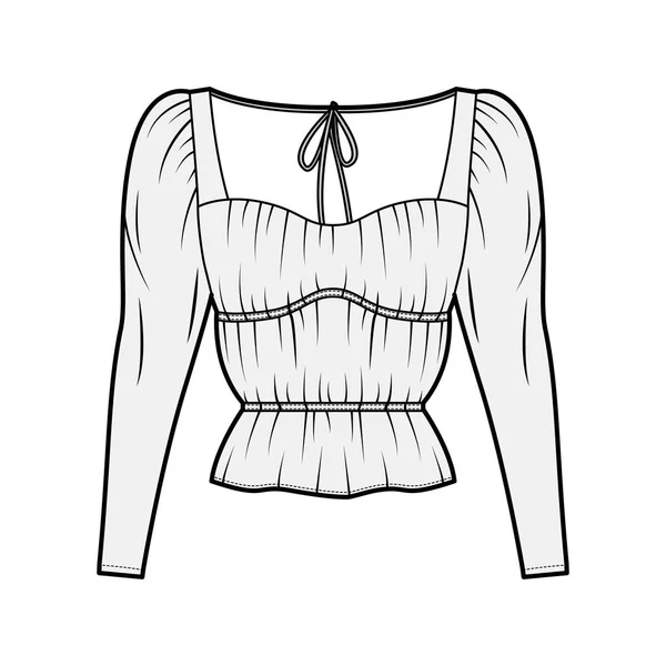 Ilustración técnica de la moda de la camisa con el cuerpo sobredimensionado, sujeciones ocultas del botón a lo largo del frente, volantes delicados — Vector de stock