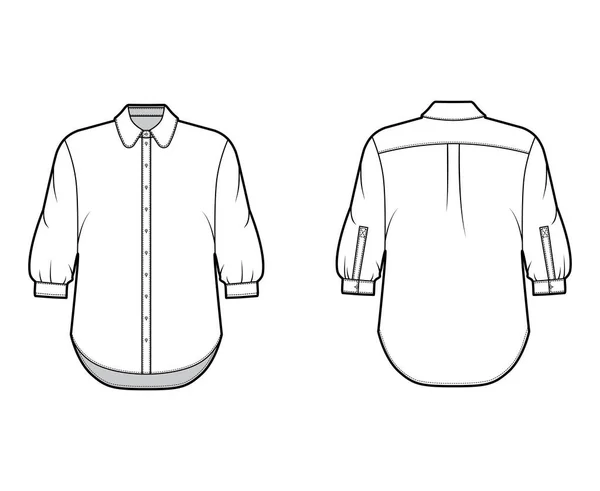 Camicia classica illustrazione tecnica di moda con bottone verso il basso apertura frontale, collo rotondo, maniche a gomito, oversize — Vettoriale Stock