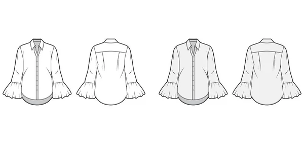 Κλασικό πουκάμισο τεχνική μόδα εικονογράφηση σετ με κοφτερό γιακά, ογκώδες fluted μανσέτες, μακριά μανίκια — Διανυσματικό Αρχείο