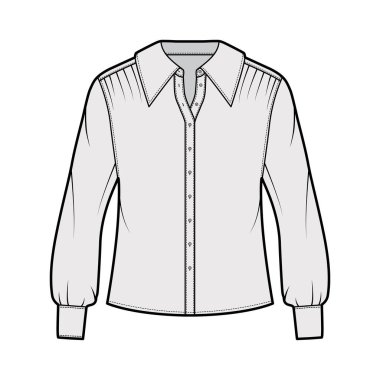 Büyük bedenli tişört teknik tasviri, ön tarafa gizlenmiş düğmeler, hassas fırfırlar.