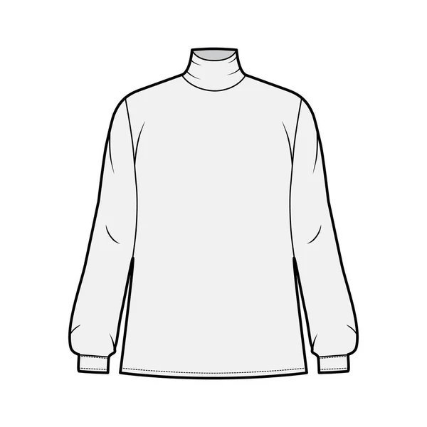 Blusa gola alta ilustração de moda técnica com mangas compridas e manguito, oversized, botão de fixação fechadura na parte de trás — Vetor de Stock