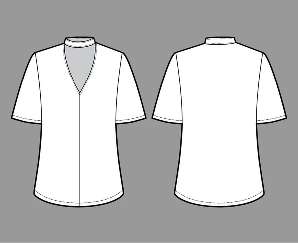 Blusa técnica de moda ilustración con mangas cortas de campana, puño, cuerpo de gran tamaño, broche de presión gargantilla en el cuello — Archivo Imágenes Vectoriales