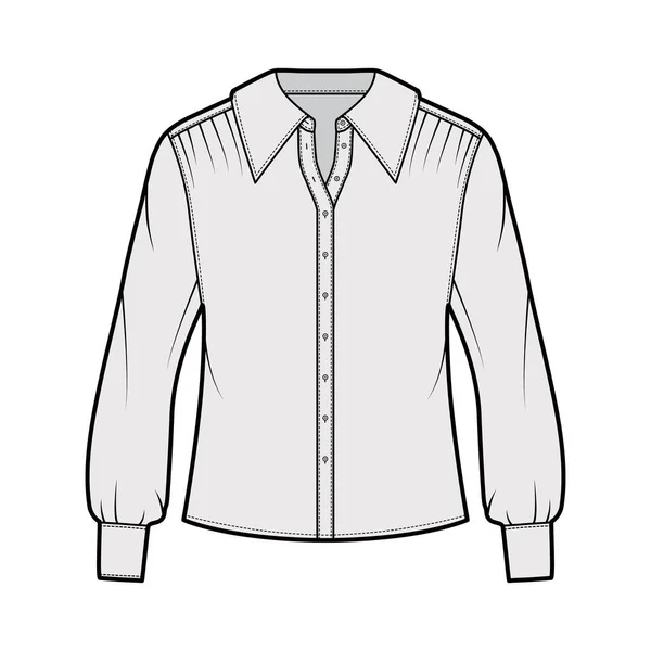 Ilustración técnica de la moda de la camisa con el cuerpo sobredimensionado, sujeciones ocultas del botón a lo largo del frente, volantes delicados — Vector de stock