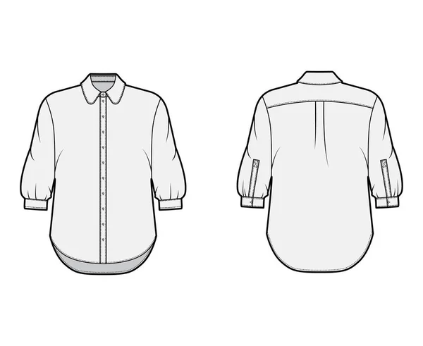 Ilustração de moda técnica de camisa clássica com botão para baixo abertura frontal, gola redonda, mangas de cotovelo, oversized —  Vetores de Stock