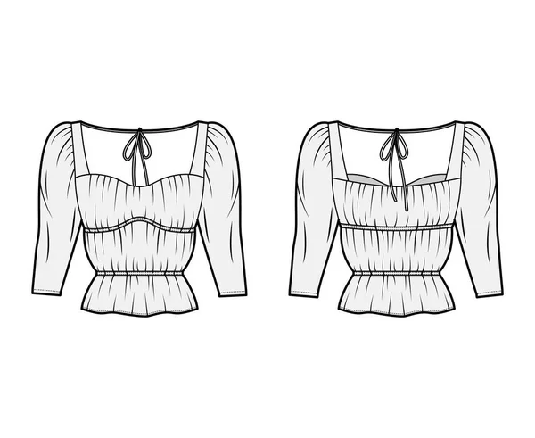 Ilustración técnica de la moda de la camisa con el cuerpo sobredimensionado, sujeciones ocultas del botón a lo largo del frente, volantes delicados — Vector de stock