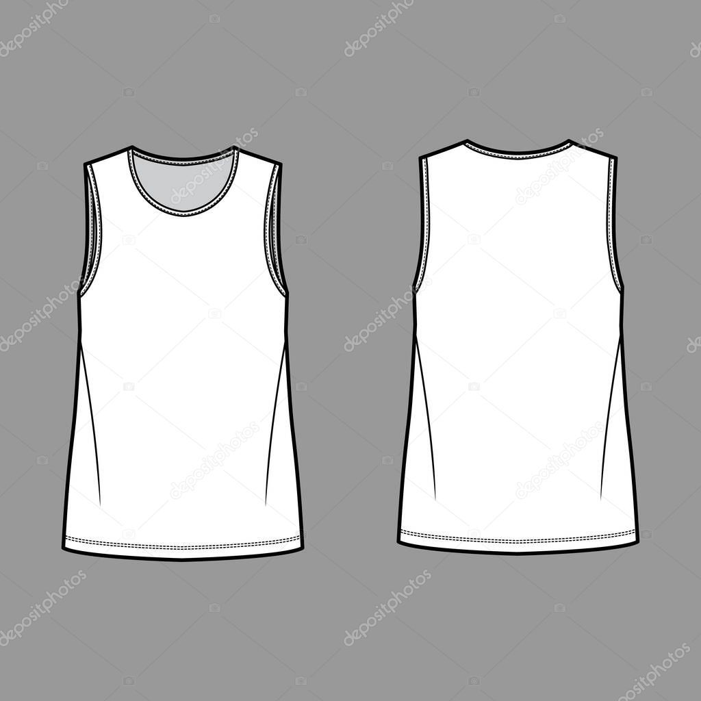 T-shirt technical fashion illustration with crew neck, fitted oversized body sleeveless, flat.