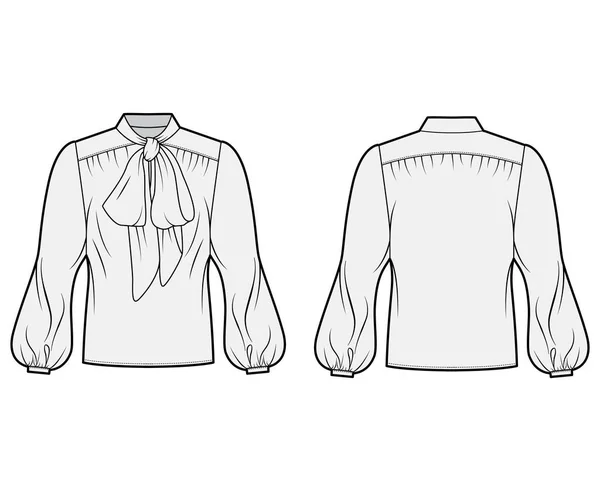 Pussy-bow blouse technical fashion illustration with oversized body, loose fit, long bishop sleeves. — ストックベクタ