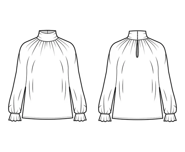 Turtleneck blus teknisk mode illustration med långa ärmar, volangformiga volanguppslag, överdimensionerad kropp. — Stock vektor