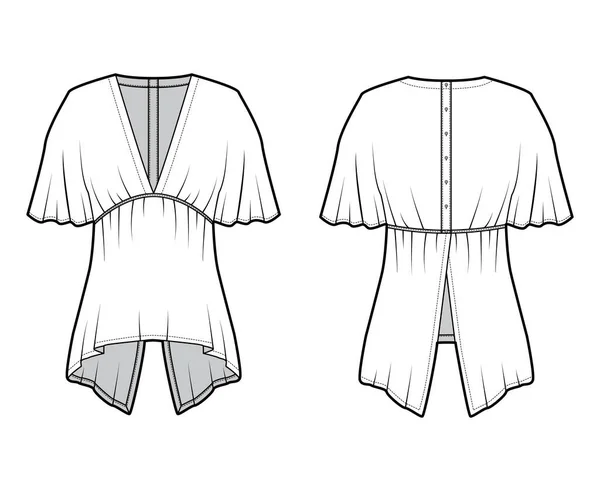Blusa técnica de moda ilustración con las mangas del círculo del codo, cuello en V profundo, dobladillo partido y broches de presión en la parte posterior . — Vector de stock