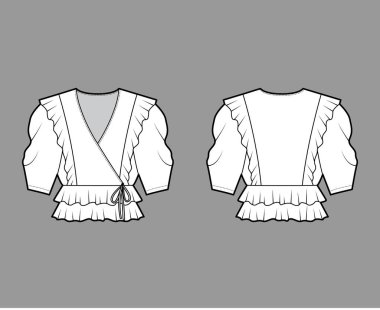 Ruffled wrap bluz peerhem, dirsek hacmi kollu teknik moda illüstrasyon.