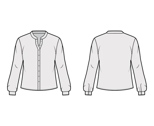 Hemd technische Mode Illustration mit gebogenen Mandarine Stehkragen und langen Ärmeln mit Manschette. — Stockvektor